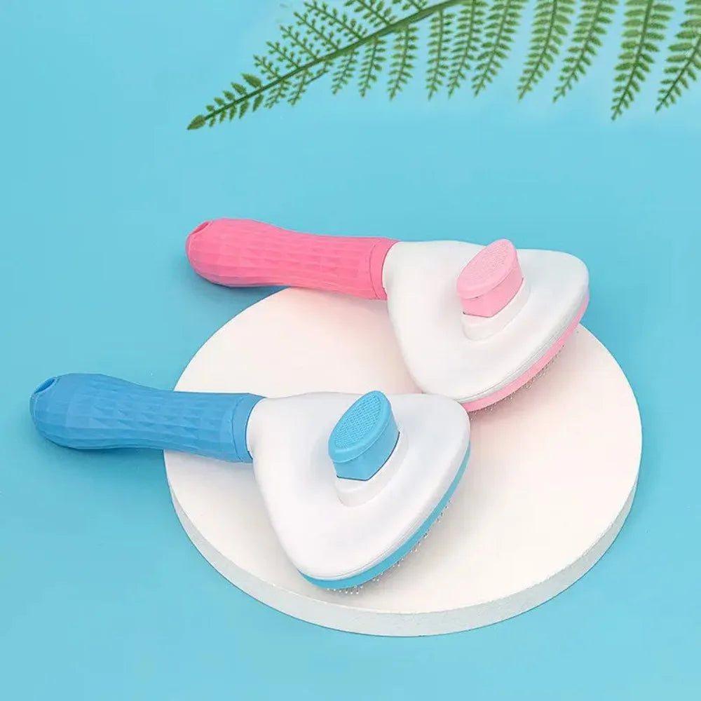 Furvio Shop self-cleaning pet grooming brush with ergonomic handle and stainless steel bristles for easy fur removal.