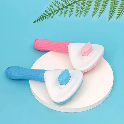 Furvio Shop self-cleaning pet grooming brush with ergonomic handle and stainless steel bristles for easy fur removal.