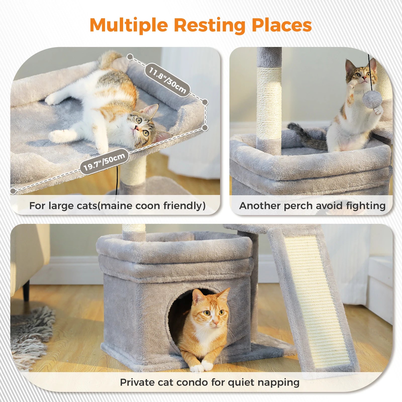Compact Furvio Shop 3-tier cat tree with scratching pad, featuring cozy platforms and sisal scratching posts for cats to climb and scratch.