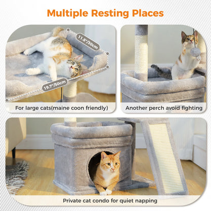 Compact Furvio Shop 3-tier cat tree with scratching pad, featuring cozy platforms and sisal scratching posts for cats to climb and scratch.