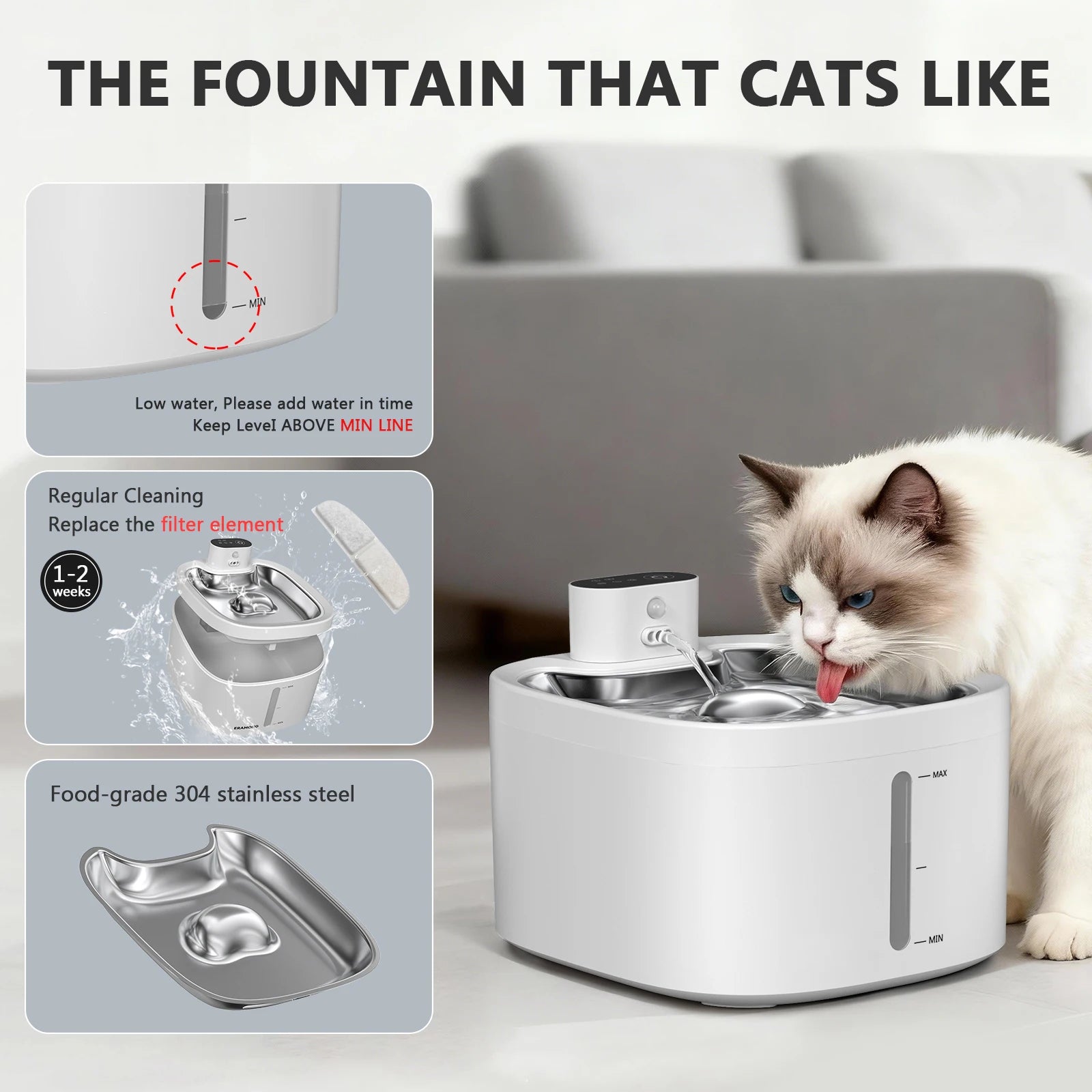 Furvio Shop AquaFlow Wireless Smart Pet Fountain 3.5L with water stream and digital controls, designed for pet hydration.