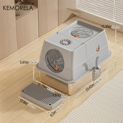 Furvio Shop odor-proof stainless steel enclosed litter box with door and ventilation for cats, durable and easy to clean