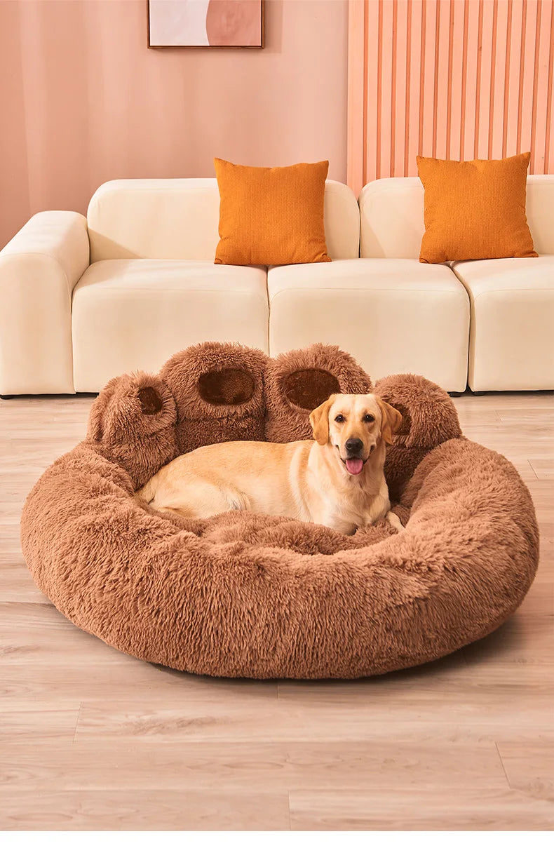 Ultra-soft plush paw-shaped pet bed by Furvio Shop, winter warm, cozy bedding for small pets with plush fur design.