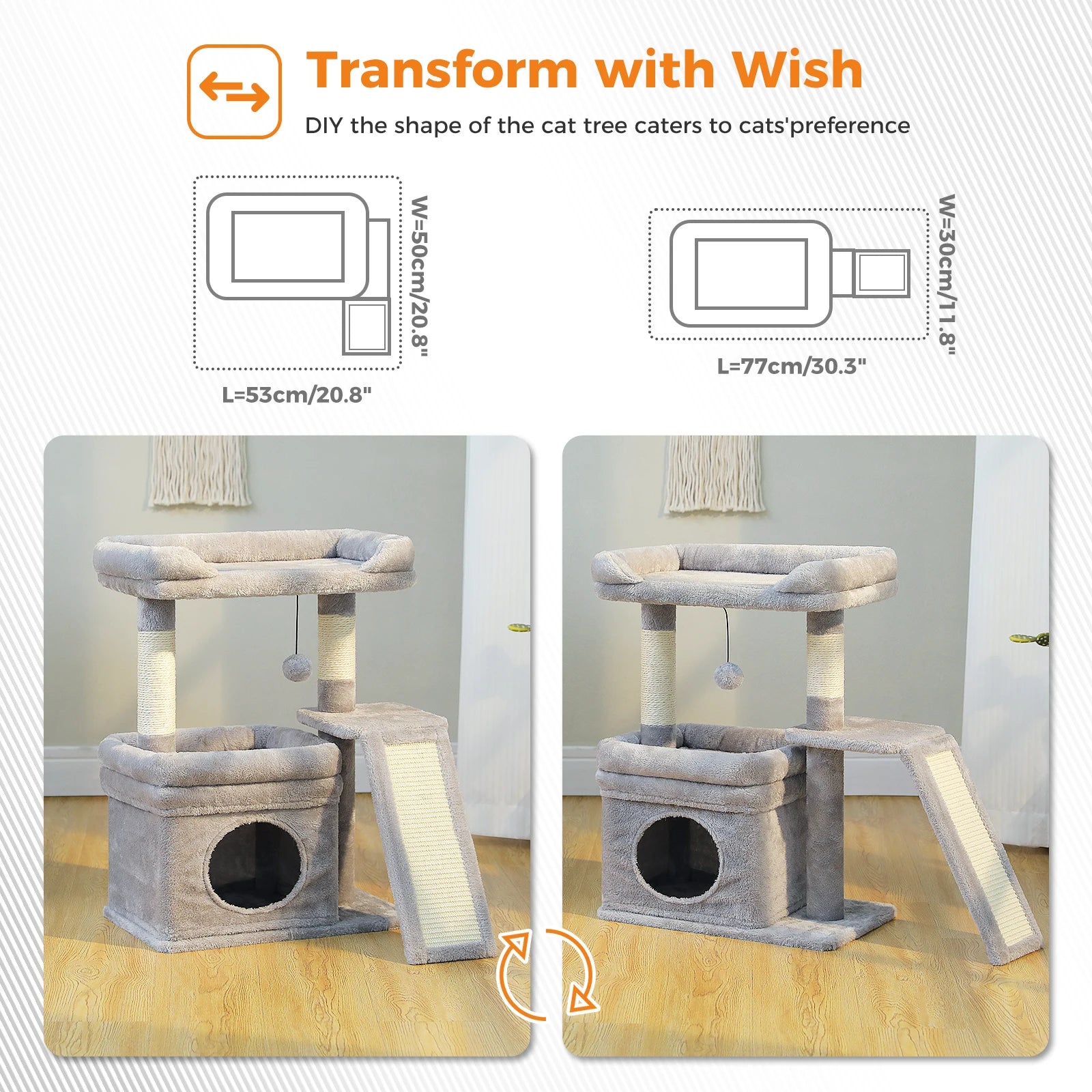 Compact Furvio Shop 3-tier cat tree with scratching pad, featuring cozy platforms and sisal scratching posts for cats to climb and scratch.