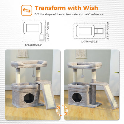 Compact Furvio Shop 3-tier cat tree with scratching pad, featuring cozy platforms and sisal scratching posts for cats to climb and scratch.
