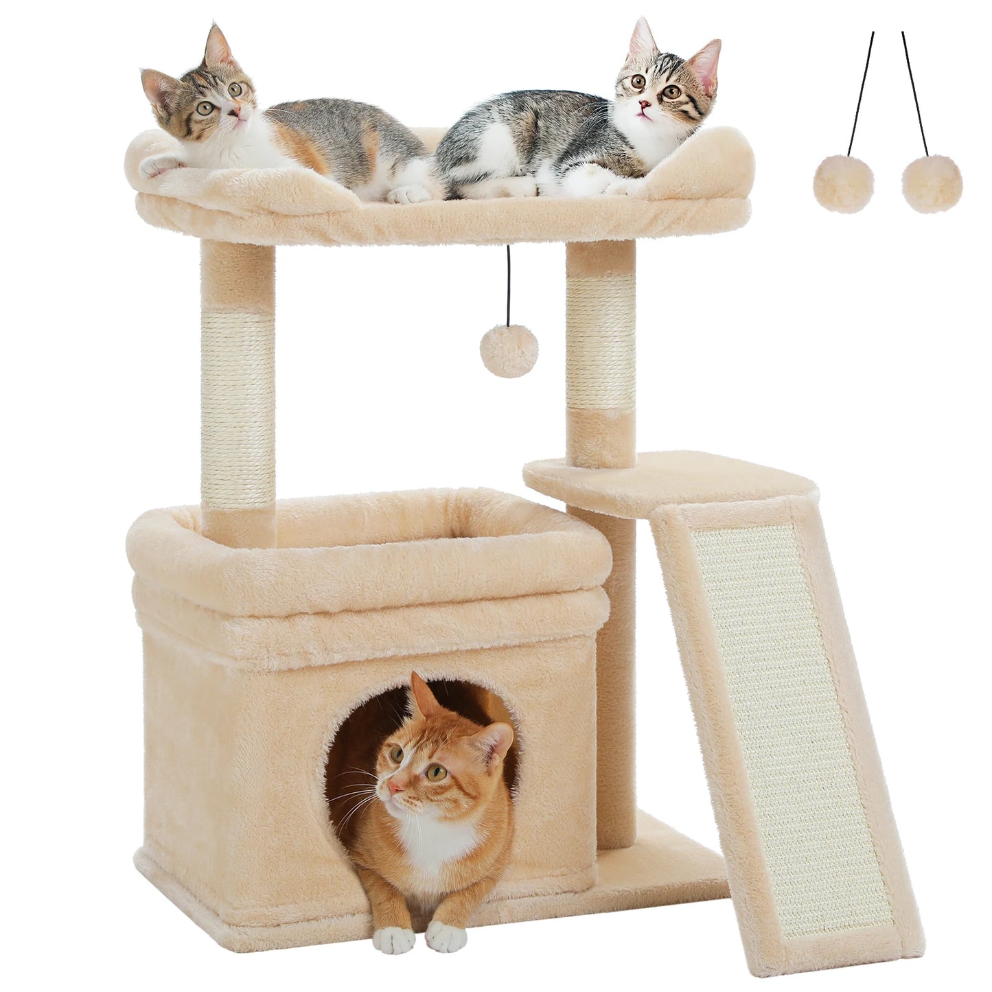 Compact Furvio Shop 3-tier cat tree with scratching pad, featuring multiple levels and cozy resting spots for cats.
