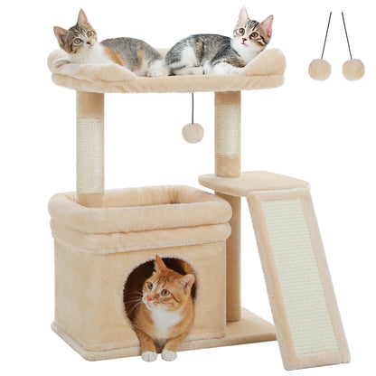 Compact Furvio Shop 3-tier cat tree with scratching pad, featuring multiple levels and cozy resting spots for cats.