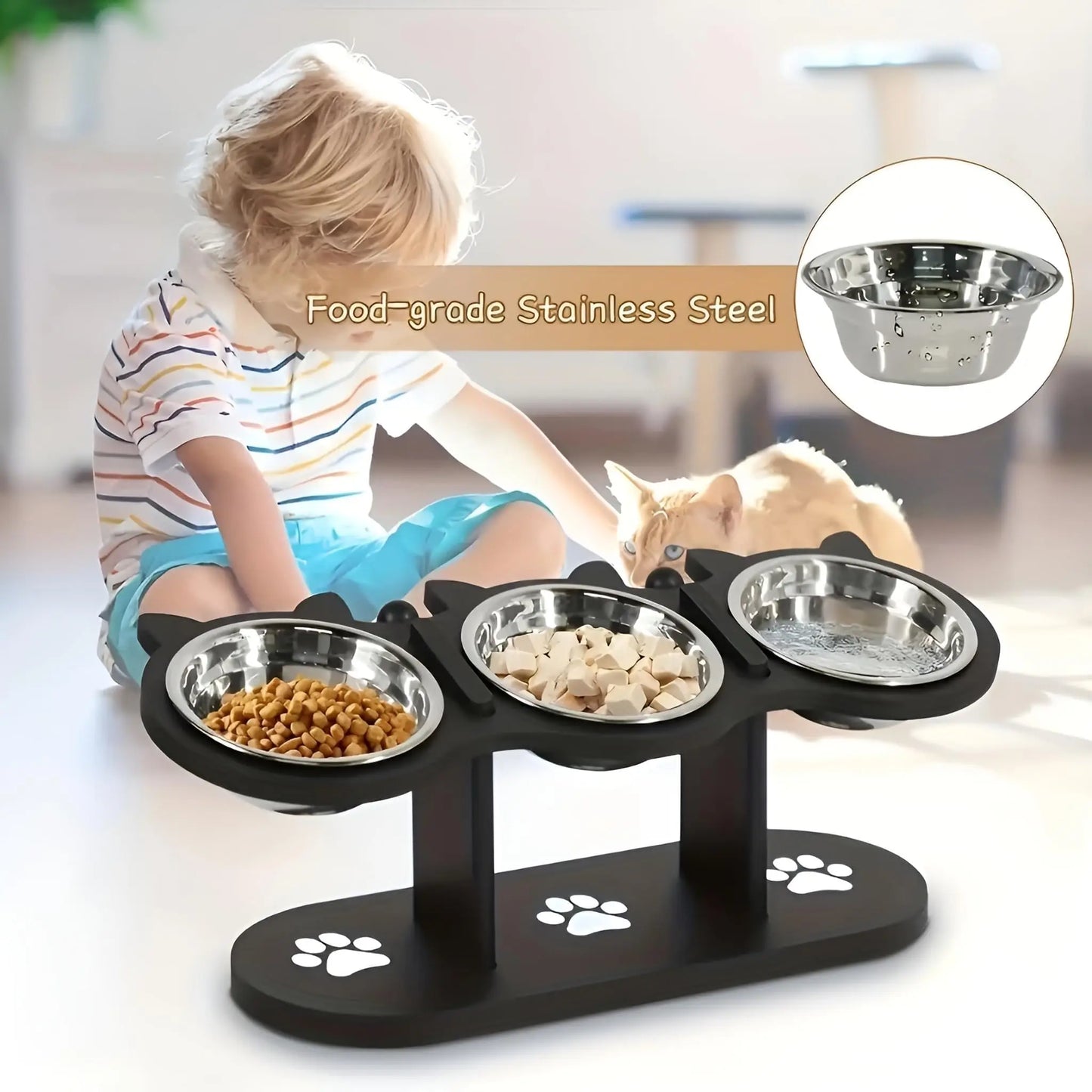 Elevated stainless steel cat bowl set with three bowls on a stand, ideal for feeding cats comfortably and stylishly.
