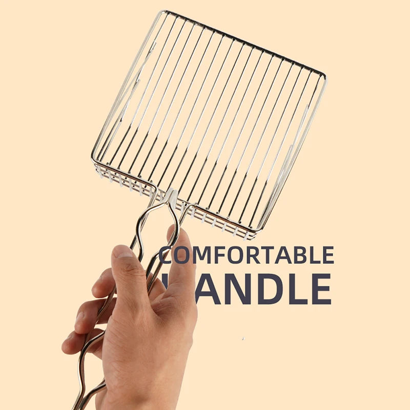 Heavy-duty stainless steel cat litter scoop by Furvio Shop with a sturdy handle and fine mesh for easy cleaning.