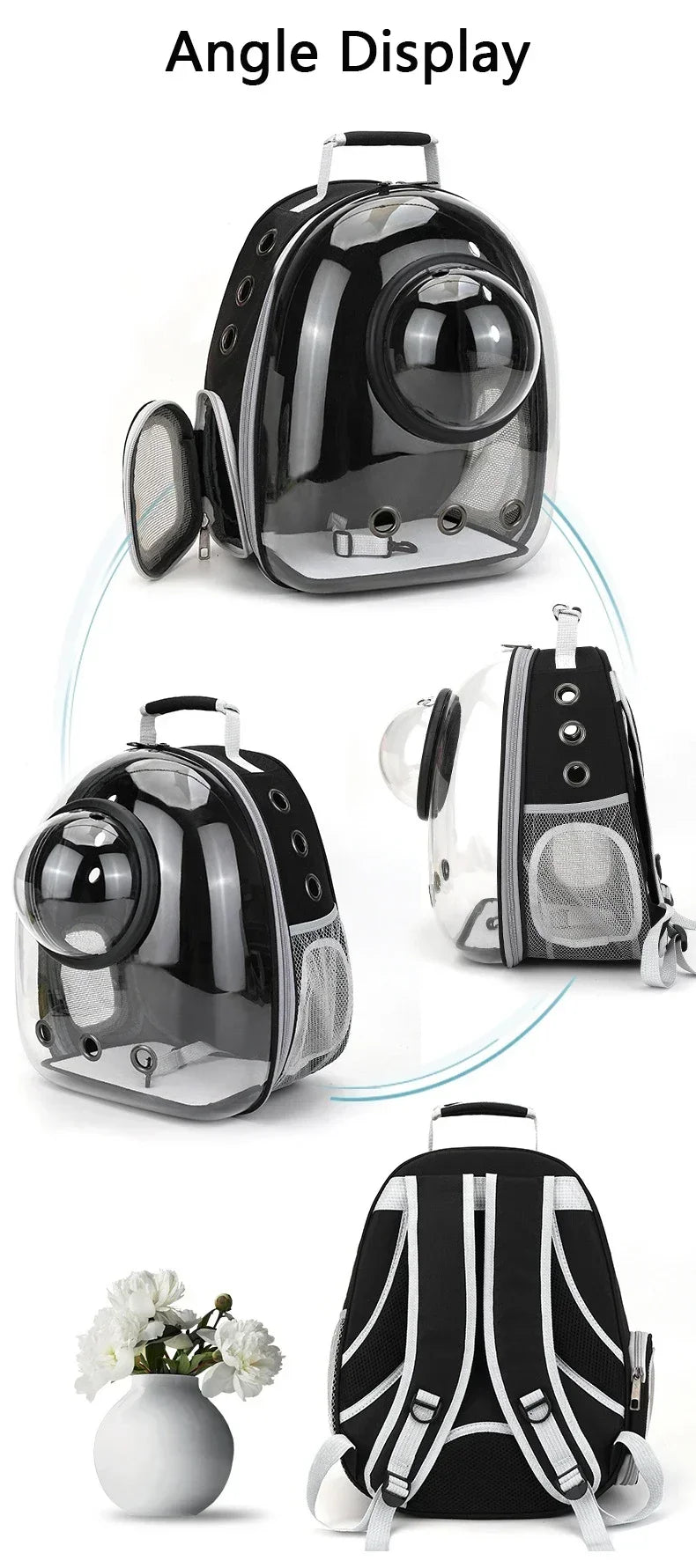 Transparent space capsule pet backpack by Furvio Shop showing clear plastic design with adjustable straps for small pets.