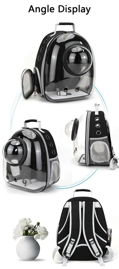 Transparent space capsule pet backpack by Furvio Shop showing clear plastic design with adjustable straps for small pets.