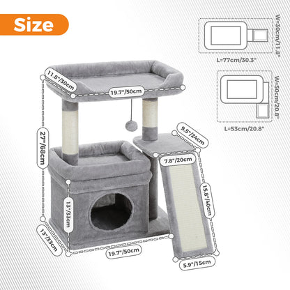 Furvio Shop compact 3-tier cat tree with scratching pad, featuring cozy platforms and sisal scratching posts for cats.