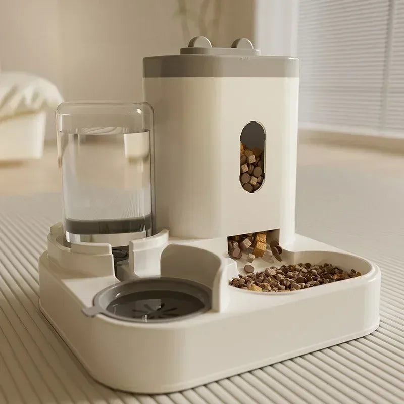 Furvio Shop 2-in-1 automatic pet feeder and water dispenser with sleek design, featuring food and water reservoirs for pets.