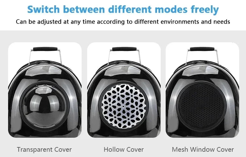 Transparent space capsule pet backpack by Furvio Shop showing clear plastic design with adjustable straps and comfortable interior for pets.