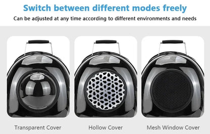 Transparent space capsule pet backpack by Furvio Shop showing clear plastic design with adjustable straps and comfortable interior for pets.