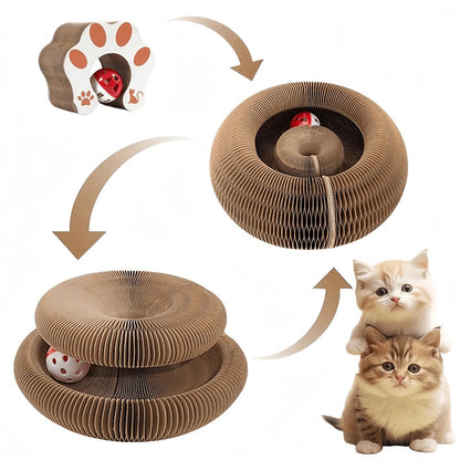 Furvio Shop transformable accordion cat scratcher and ball track with multiple levels and playful accessories for cats.