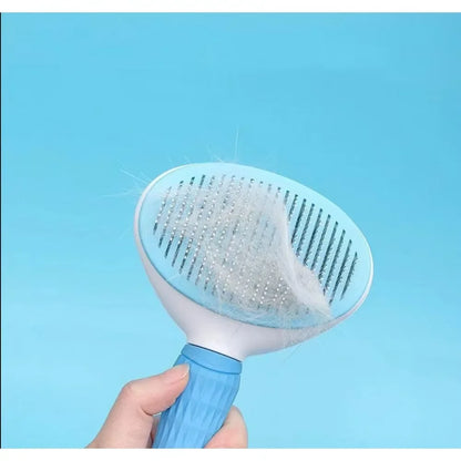 Furvio Shop self-cleaning pet grooming brush with ergonomic handle and flexible bristles for easy fur removal and grooming.