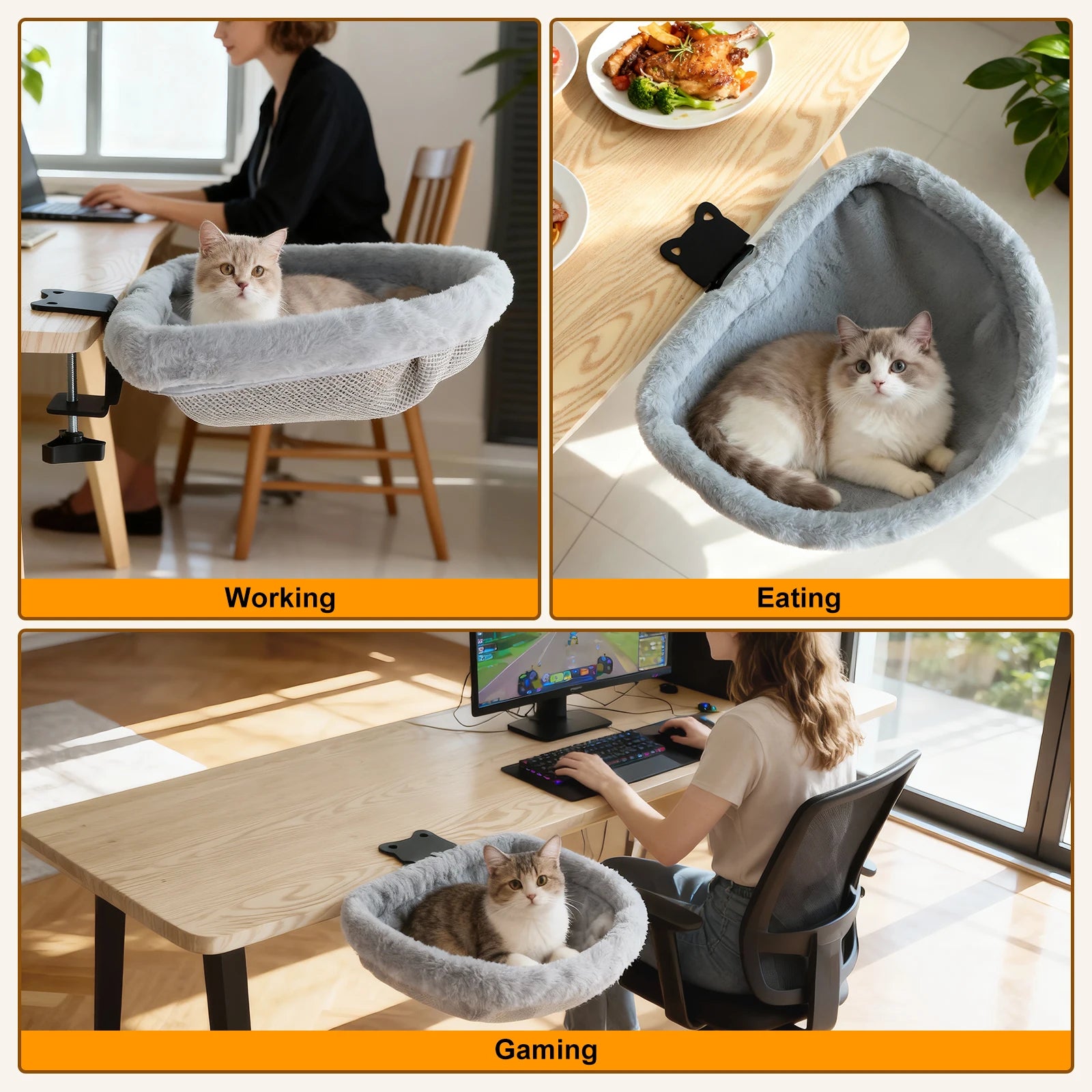 Furvio Shop folding semi-circular cat desk bed and hammock showing cozy, cushioned resting space with fabric cover and wooden frame.