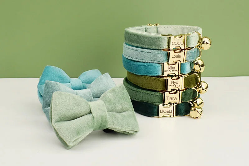 Velvet Furvio Shop cat collar with bowknot, personalized with bell and stylish design for feline accessories.