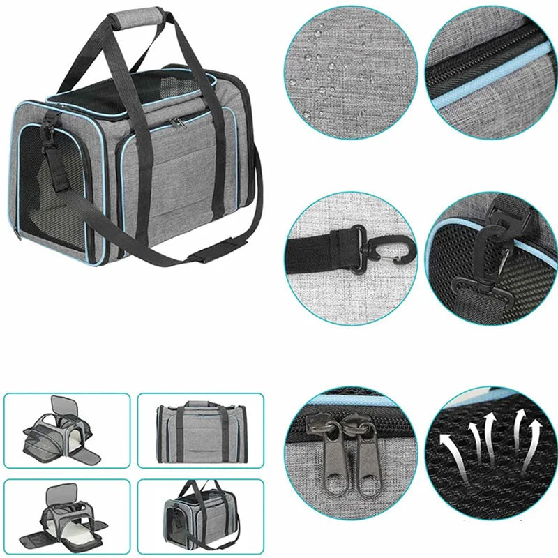 Expandable breathable pet carrier bag by Furvio Shop with mesh panels and adjustable straps for comfortable pet travel.