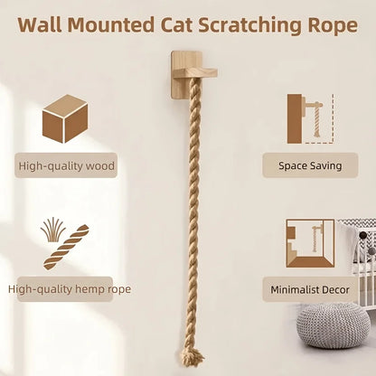Minimalist wall-mounted cat climbing rope by Furvio Shop, featuring natural sisal and wooden mounting brackets for feline play and exercise.
