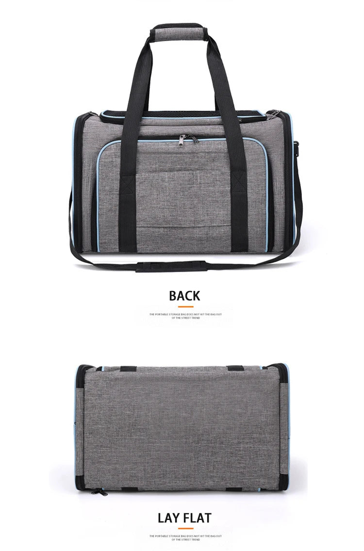Expandable breathable pet carrier bag by Furvio Shop shown with mesh sides and adjustable straps for comfortable pet travel.