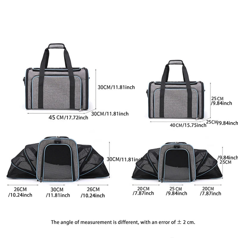 Expandable breathable pet carrier bag by Furvio Shop showing mesh sides and adjustable straps for comfortable pet travel.