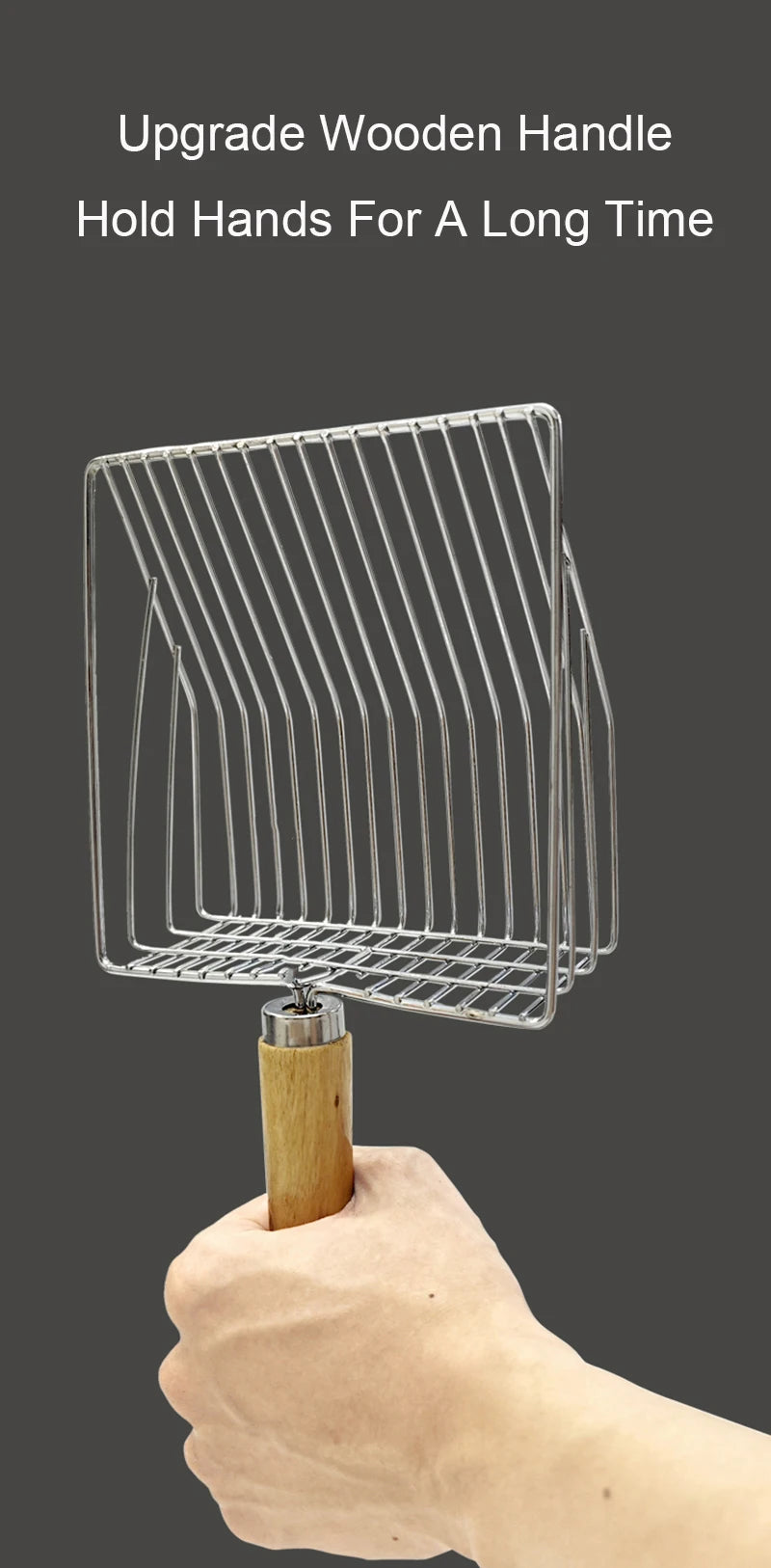 Heavy-duty stainless steel cat litter scoop by Furvio Shop with a long handle and perforated scoop for easy cleaning.