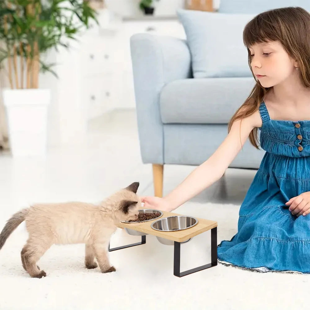 Elevated wooden dual cat bowl set with two ceramic bowls on a stylish wooden stand, ideal for feeding cats comfortably.