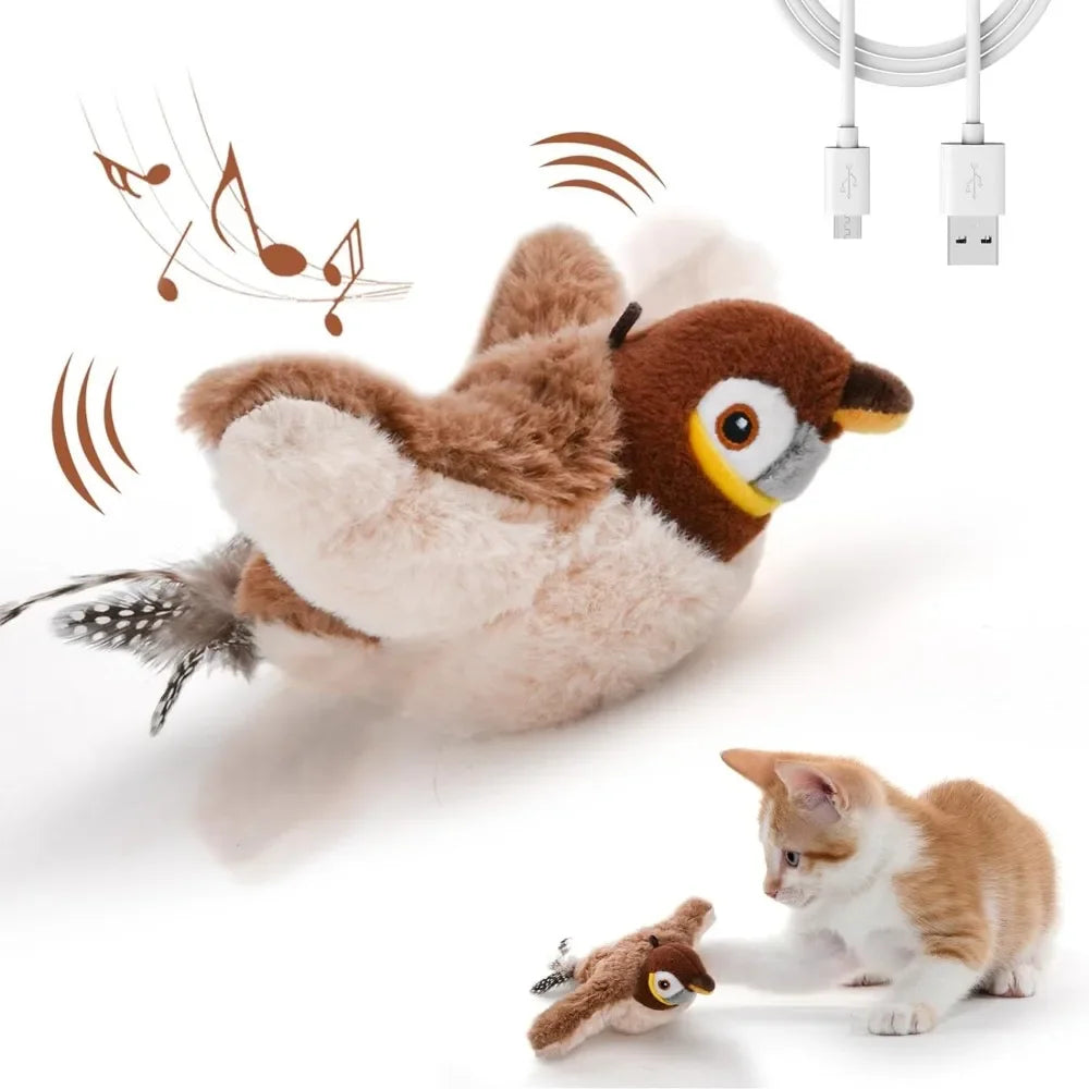 USB rechargeable Furvio Shop interactive flapping bird cat toy with moving wings on a white background