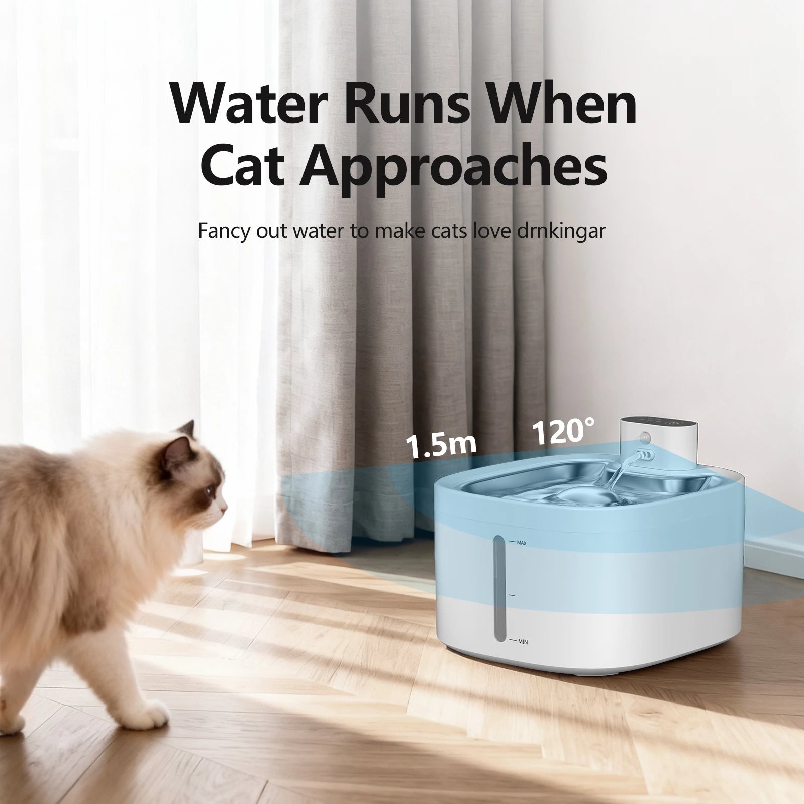Furvio Shop AquaFlow Wireless Smart Pet Fountain with 3.5L capacity, showing sleek design and water flow feature for pets.