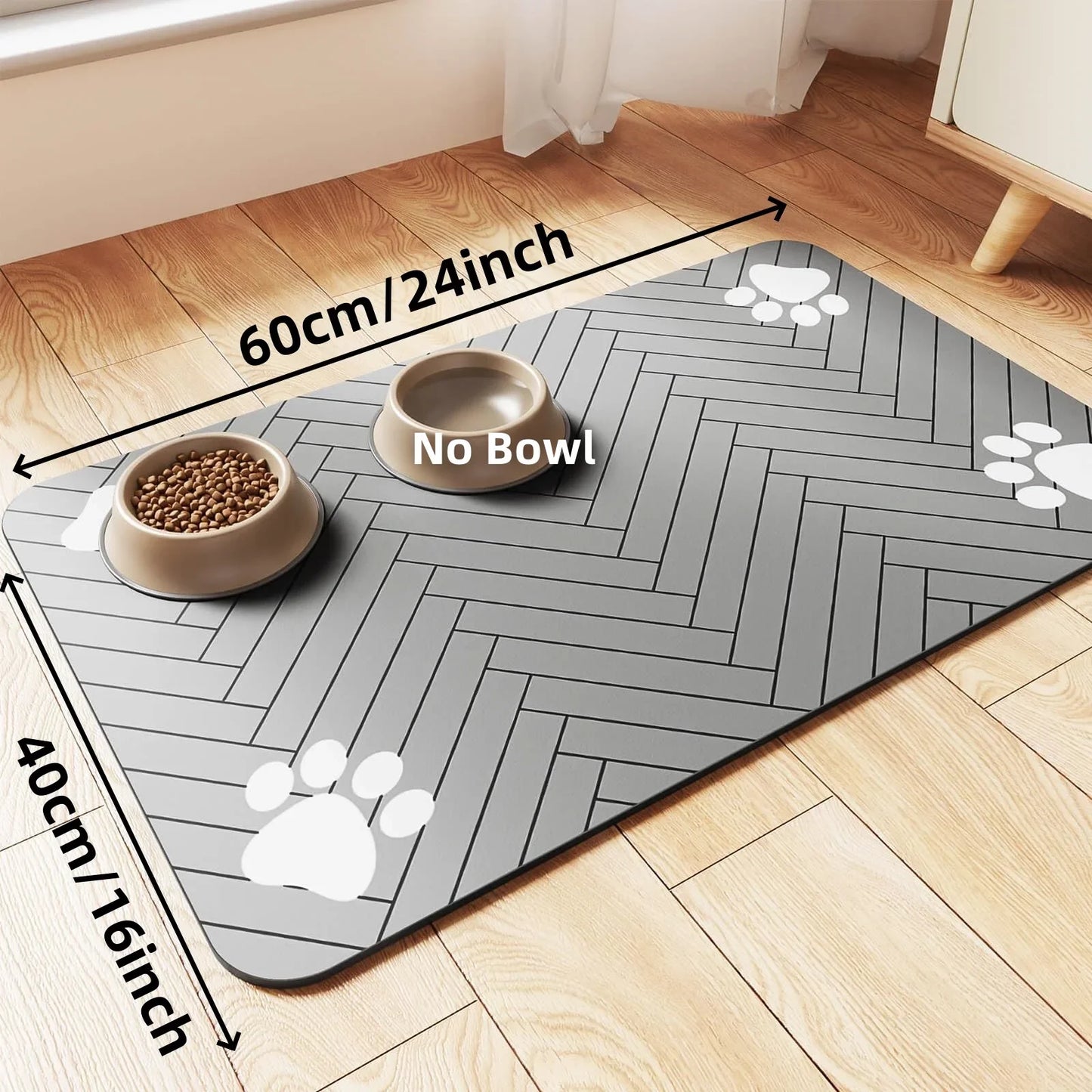 Furvio Shop quick-dry absorbent pet feeding mat with colorful paw print design, made for easy cleaning and spill containment.