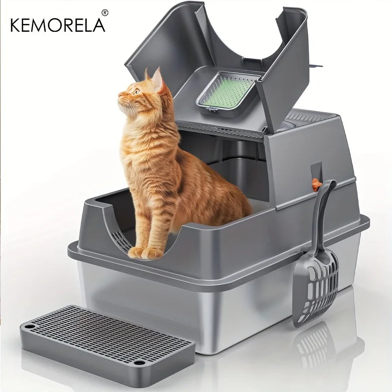 Furvio Shop odor-proof stainless steel enclosed litter box with secure lid and ventilation for easy cleaning and odor control