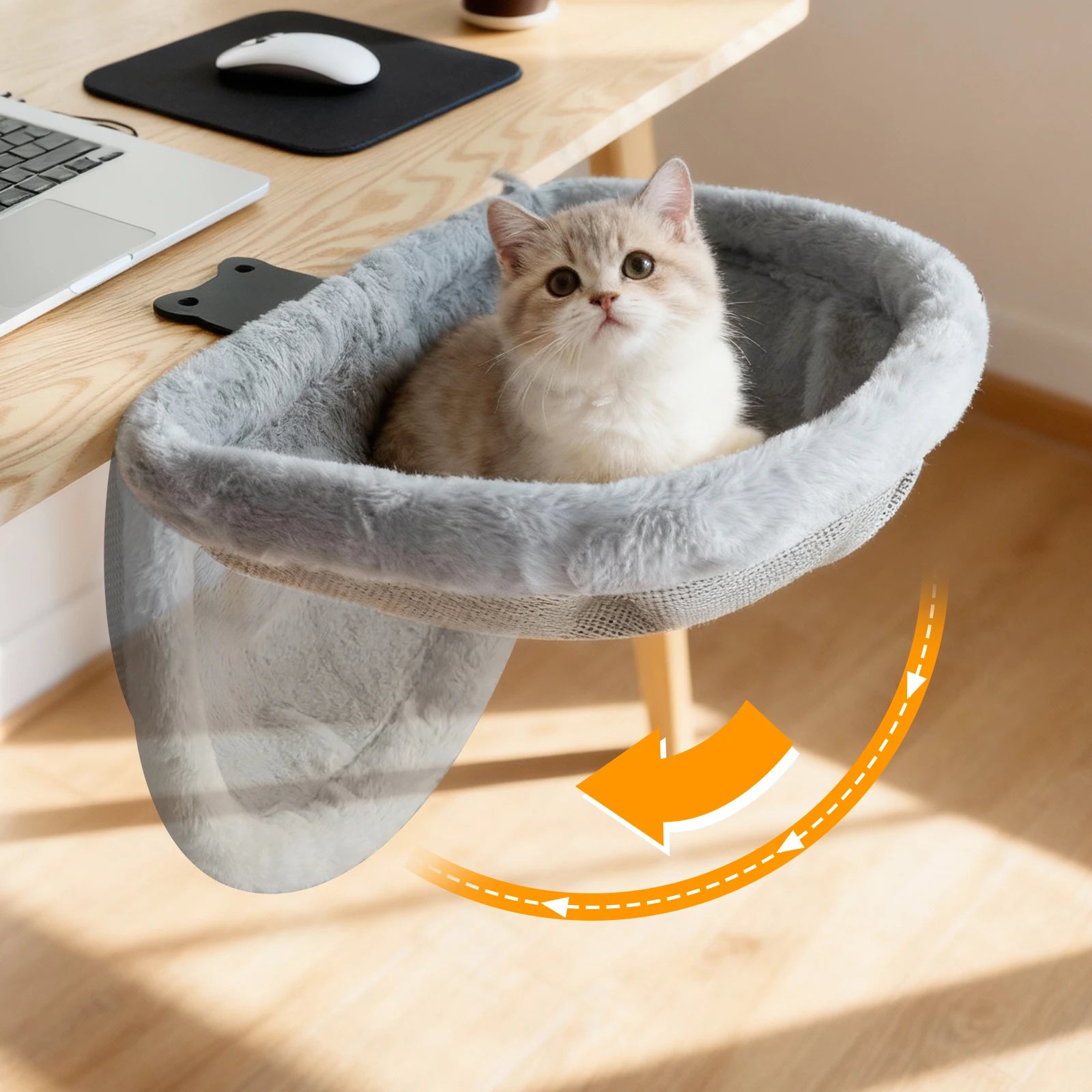 Furvio Shop folding semi-circular cat desk bed and hammock with soft cushion, designed for cozy feline relaxation.