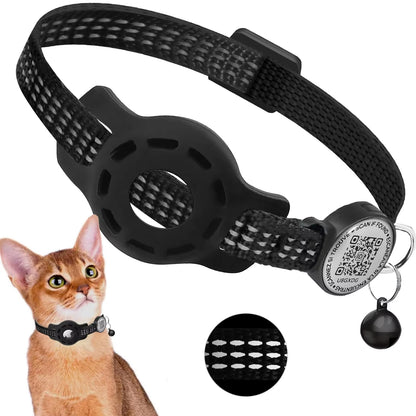 Furvio Shop Smart AirTag and QR Code cat collar showing adjustable strap with safety buckle and identification tags.