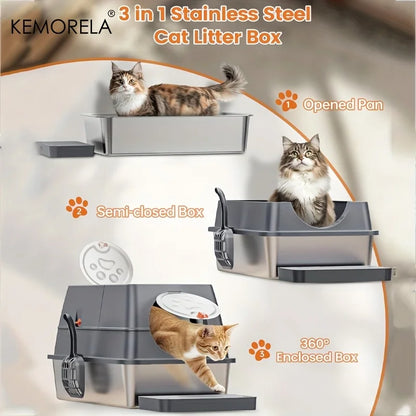 Furvio Shop odor-proof stainless steel enclosed litter box with door and ventilation for cats, designed for easy cleaning and odor control.