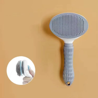 Furvio Shop self-cleaning pet grooming brush with ergonomic handle and stainless steel bristles for easy grooming of cats and dogs.