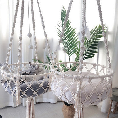 Boho macrame hand-woven cat hammock swing by Furvio Shop, showcasing a cozy, stylish hanging bed for cats with intricate knot details.