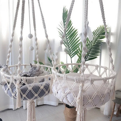 Boho macrame hand-woven cat hammock swing with natural fiber design, showcasing a cozy and stylish lounging spot for cats.
