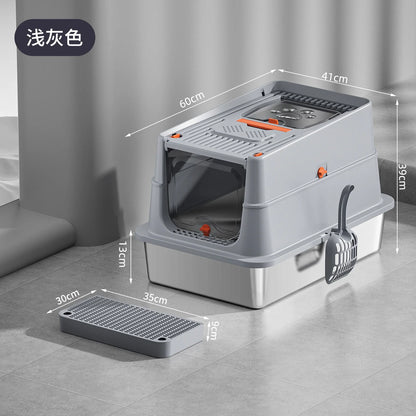 Premium stainless steel enclosed litter box by Furvio Shop, featuring a sleek design and secure door for easy pet litter management.