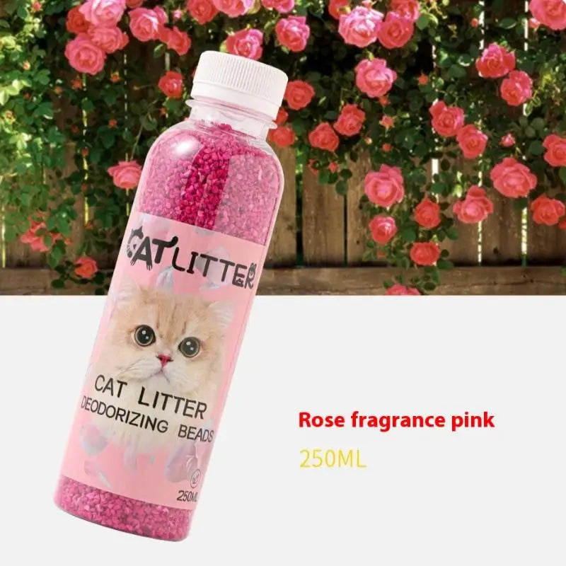 Furvio Shop long-lasting cat litter deodorizing beads in a clear container, designed to control odors in litter boxes.