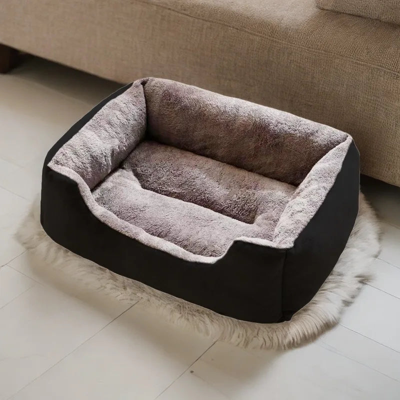 Soft plush pet bed by Furvio Shop with anti-slip bottom, cozy minimalist design for pets' comfort and safety.