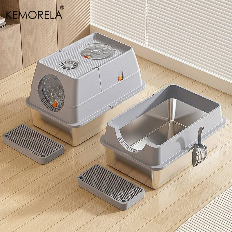 Furvio Shop odor-proof stainless steel enclosed litter box with a sleek design and secure door for cats.