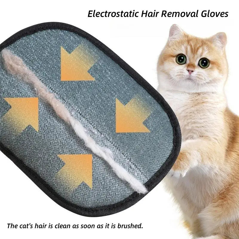 Furvio Shop electrostatic pet hair remover glove showing hand wearing the glove and removing pet fur from a sofa surface.