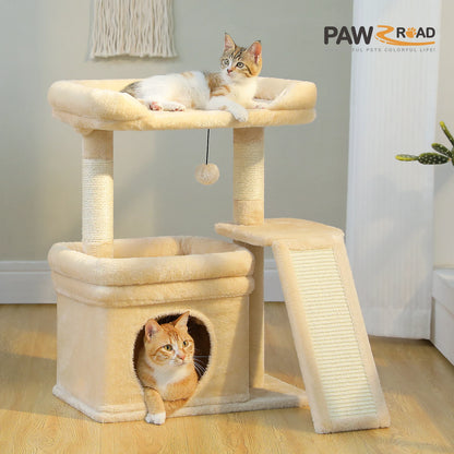 Furvio Shop compact 3-tier cat tree with scratching pad, featuring cozy platforms and sisal scratching posts for cats.