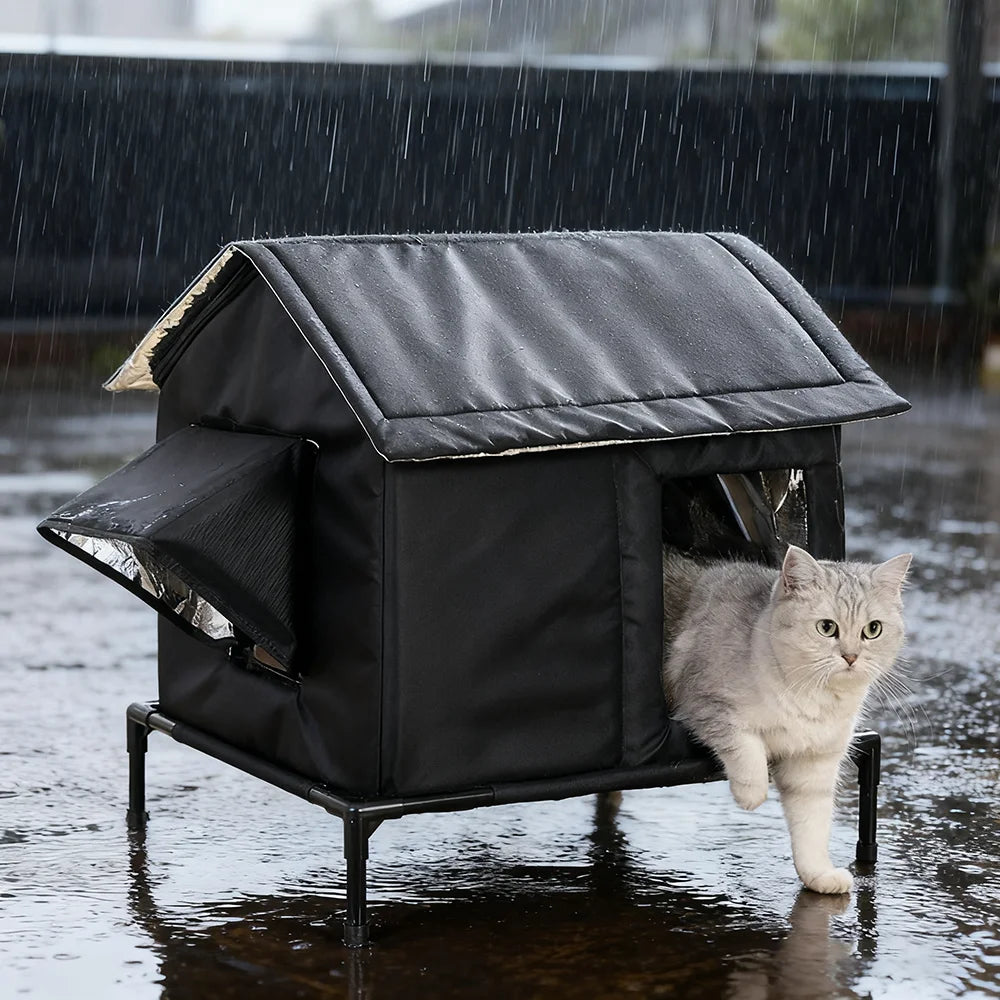 Furvio Shop insulated outdoor cat shelter with waterproof design, elevated for outdoor warmth and protection.