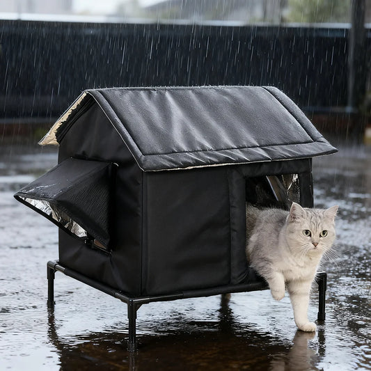 Furvio Shop insulated outdoor cat shelter with waterproof design, elevated for outdoor warmth and protection.