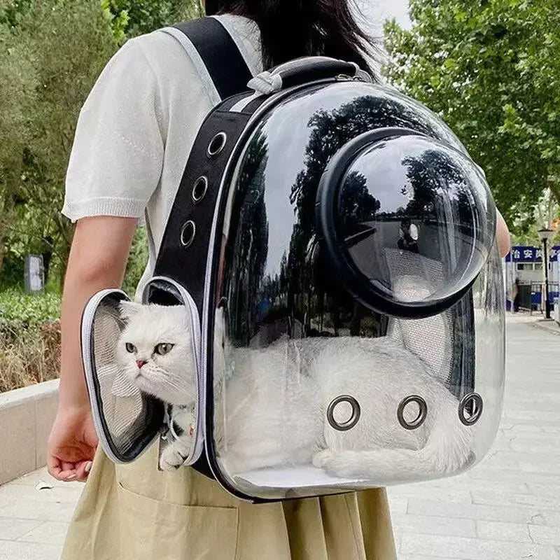 Transparent space capsule pet backpack by Furvio Shop, showing a clear, rounded backpack designed for carrying small pets comfortably.