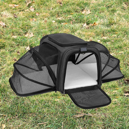 Expandable breathable pet carrier bag by Furvio Shop showing mesh sides, padded shoulder strap, and compact design for pets.
