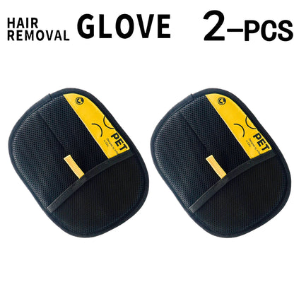 Furvio Shop electrostatic pet hair remover glove shown in use, removing pet fur from a sofa with textured surface.